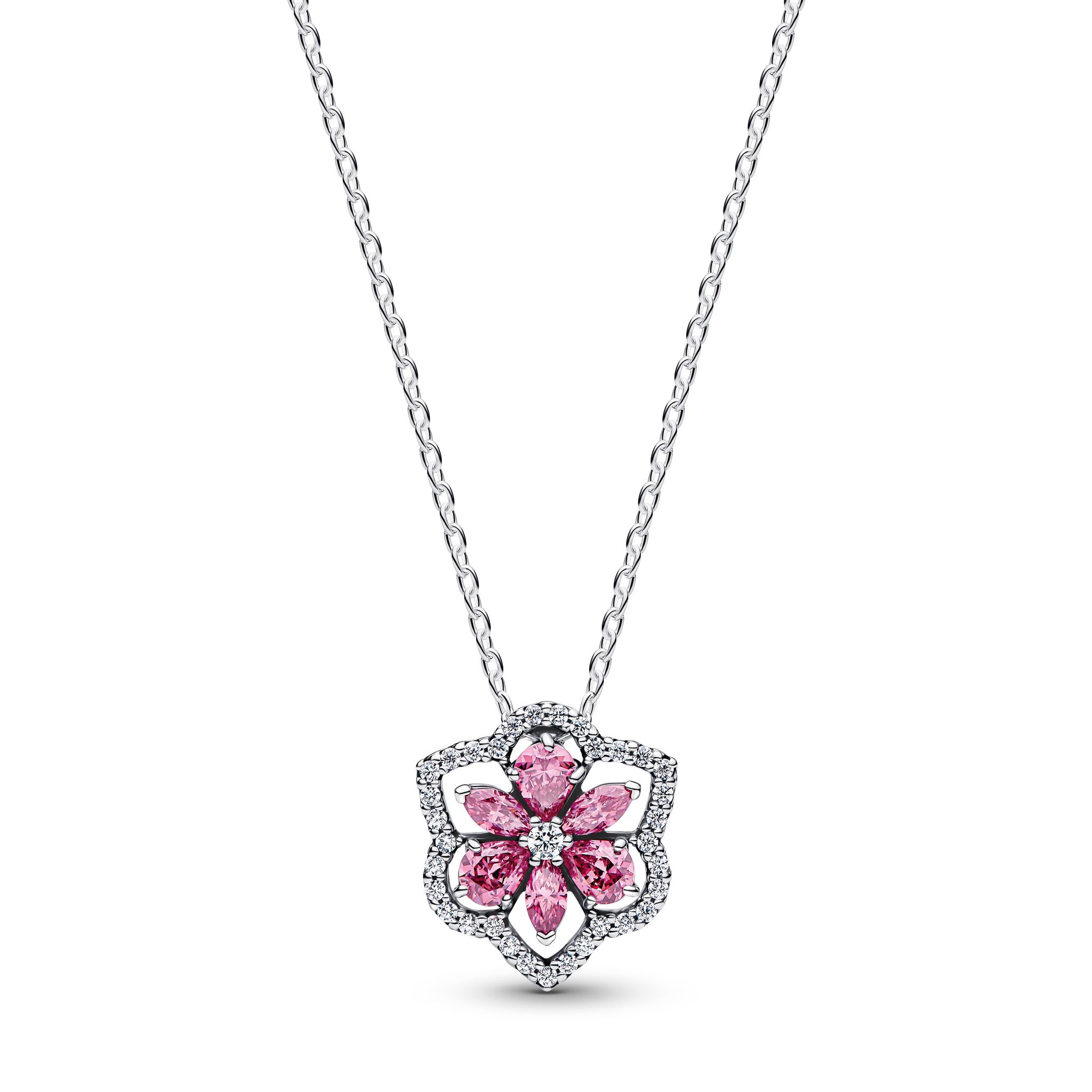 Halsband i &auml;kta silver med rosa blomma