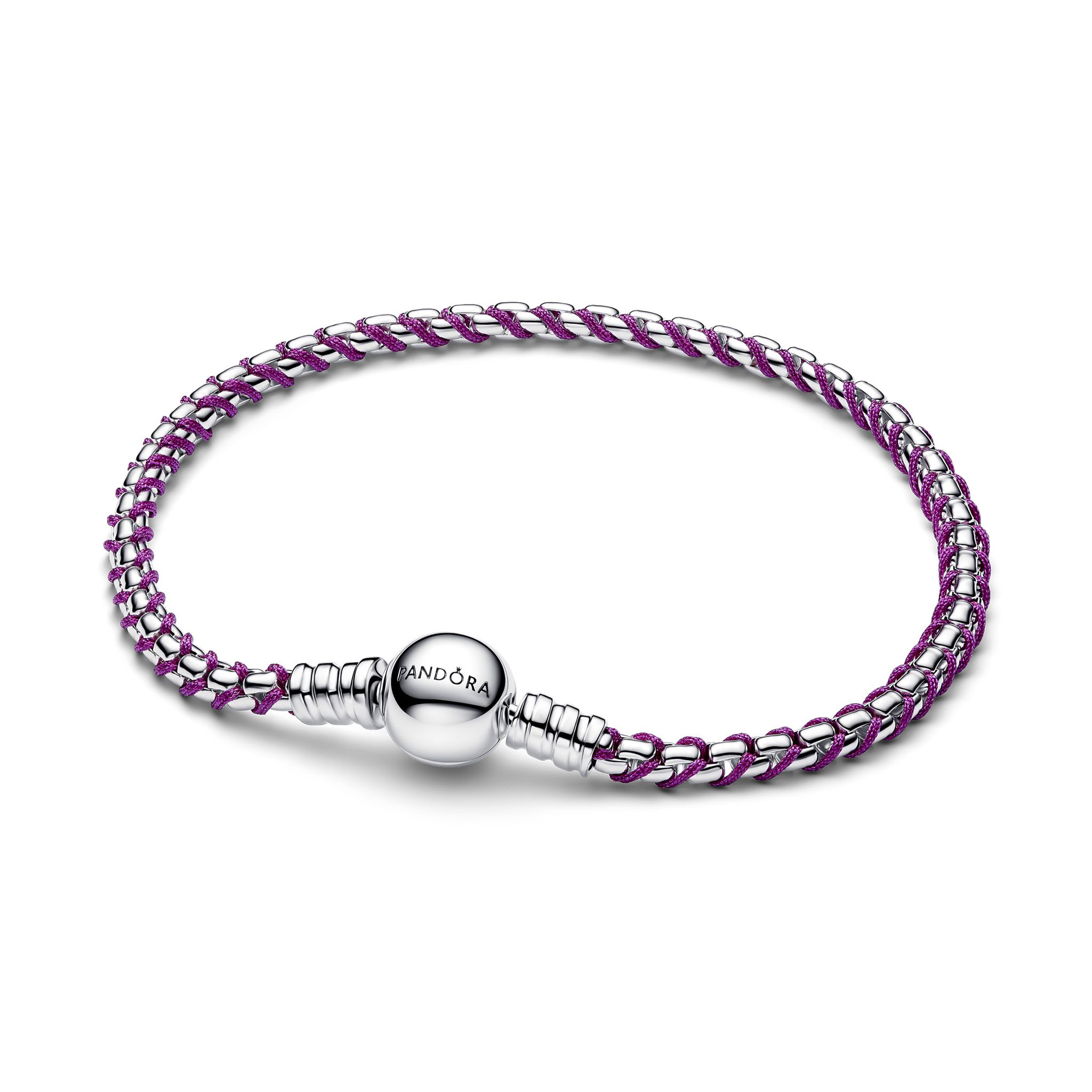Armband i &auml;kta silver med lila textilsn&ouml;re 18 cm